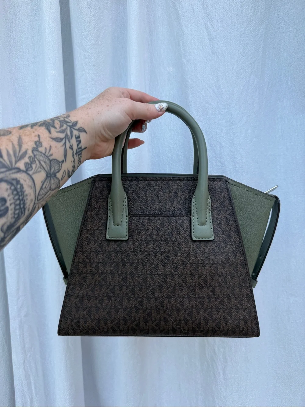 Michael Kors Olive Green & Brown Logo Satchel